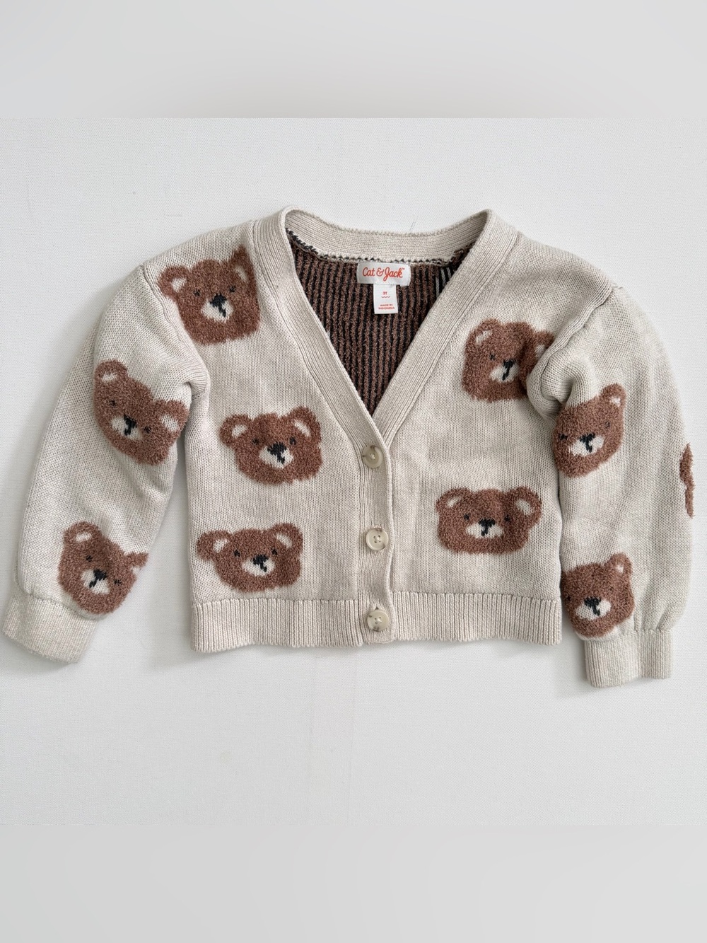 Cat & Jack Cream Cardigan with Brown Bear Motif Size 3T